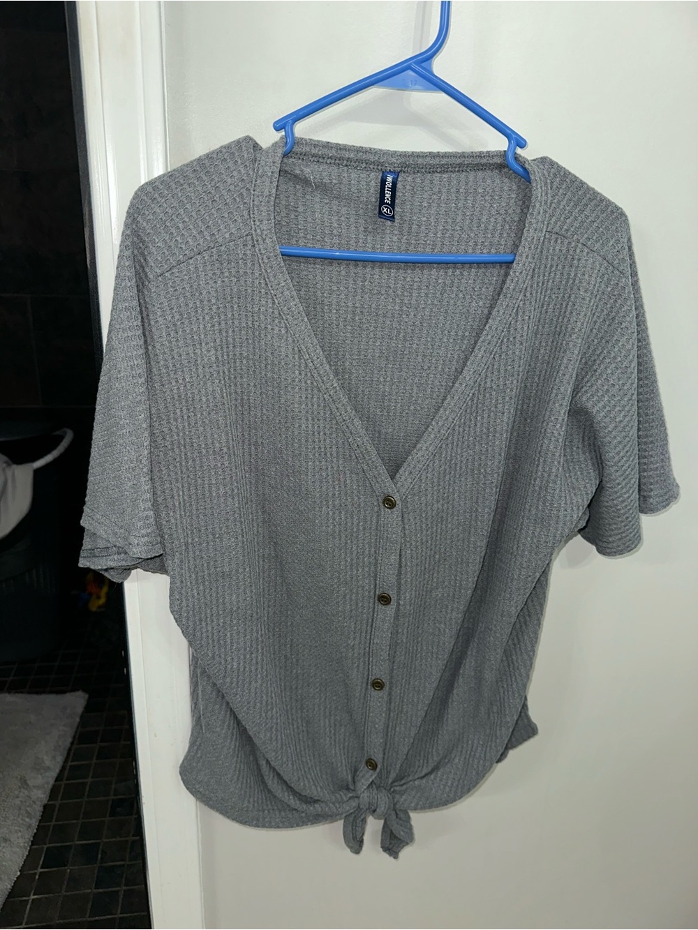 Waffle Knit Tie-Hem Short Sleeve Top - Gray